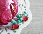Turquoise Gold Hoop Earrings with Cranberry Pendant