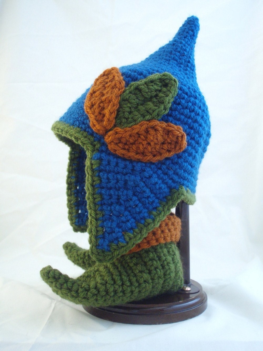 Pointed Blue Baby Hat with Earflaps, Pumpkin Spice and Olive Green Leaves and Matching Booties