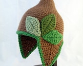Pointed Brown Baby Hat with Earflaps and Varying Green Leaves