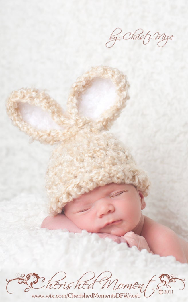 Newborn Baby Boy or Girl Bunny Hat Photo Prop - Fuzzy Beige