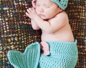 Newborn Baby Girl Mermaid Diaper Cover and Hat Photo Prop Set - Aqua Blue