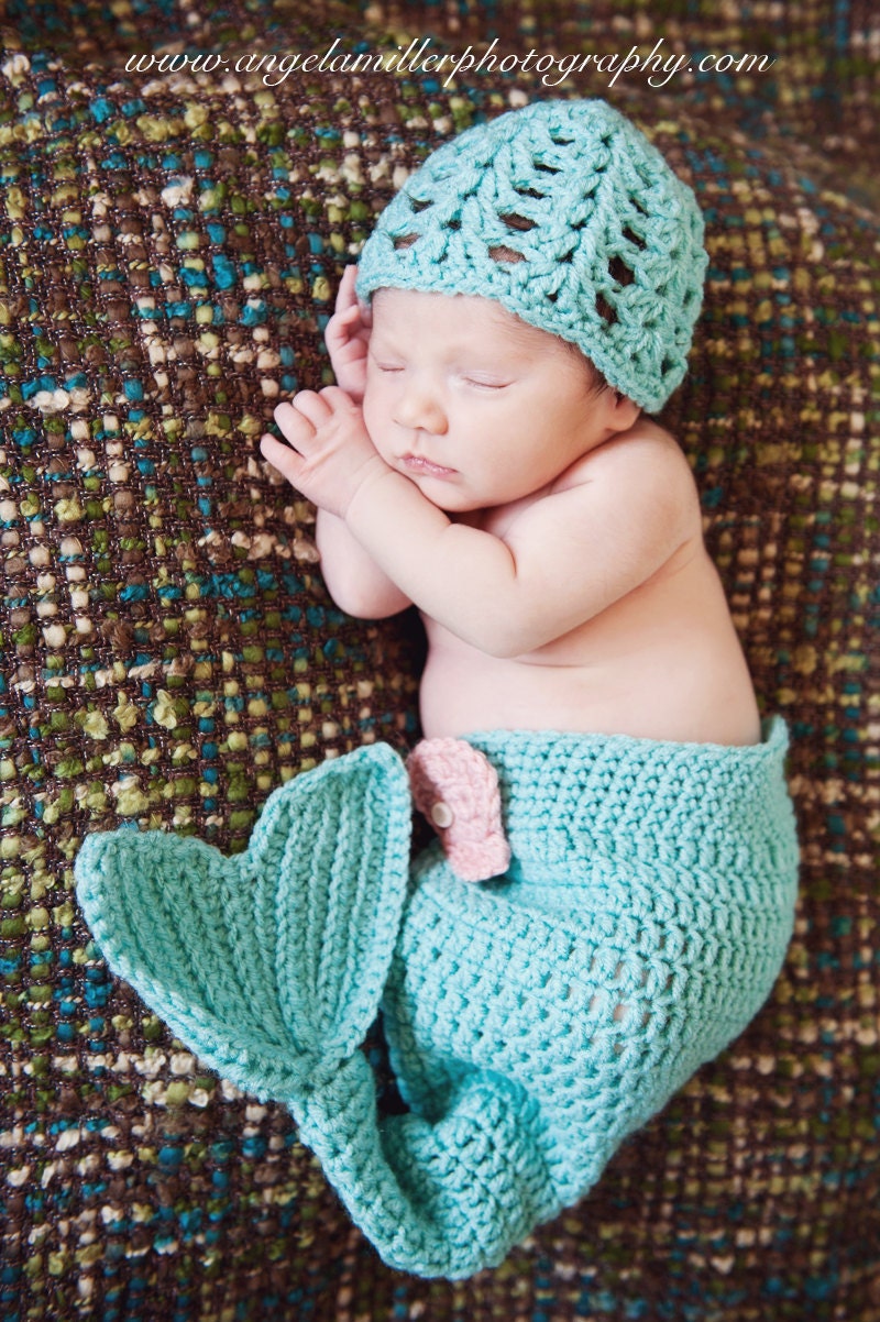 Baby Mermaid Diaper Cover and Hat Photo Prop Set - Caribbean Blue