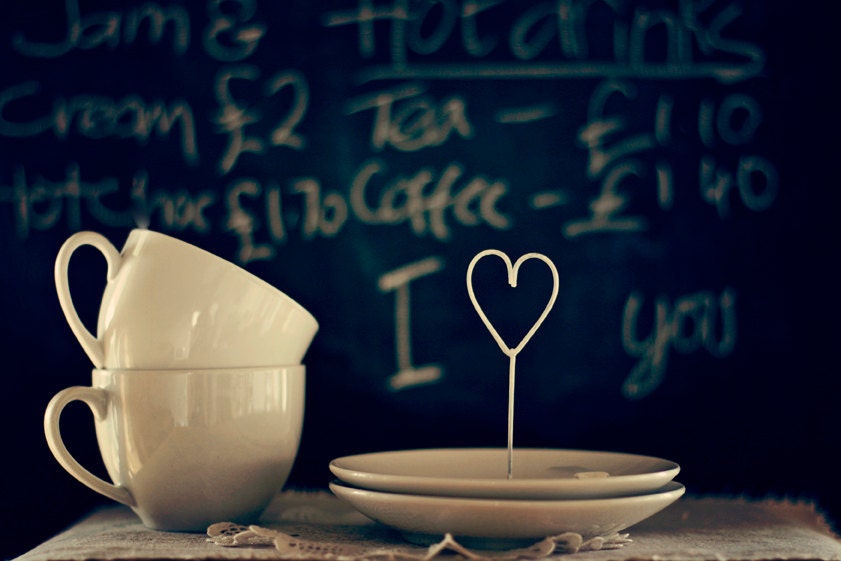 Cafe Photo 8 x 10 Print. Cups, Heart, Love, Blackboard, Cafe, Coffee, Tea, White, Black, Chalkboard, Valentine