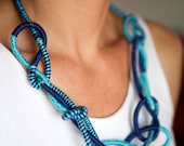 Fiber art necklace, cotton yarn  turquoise and blue, summer fashion knot necklace, loop jewelry