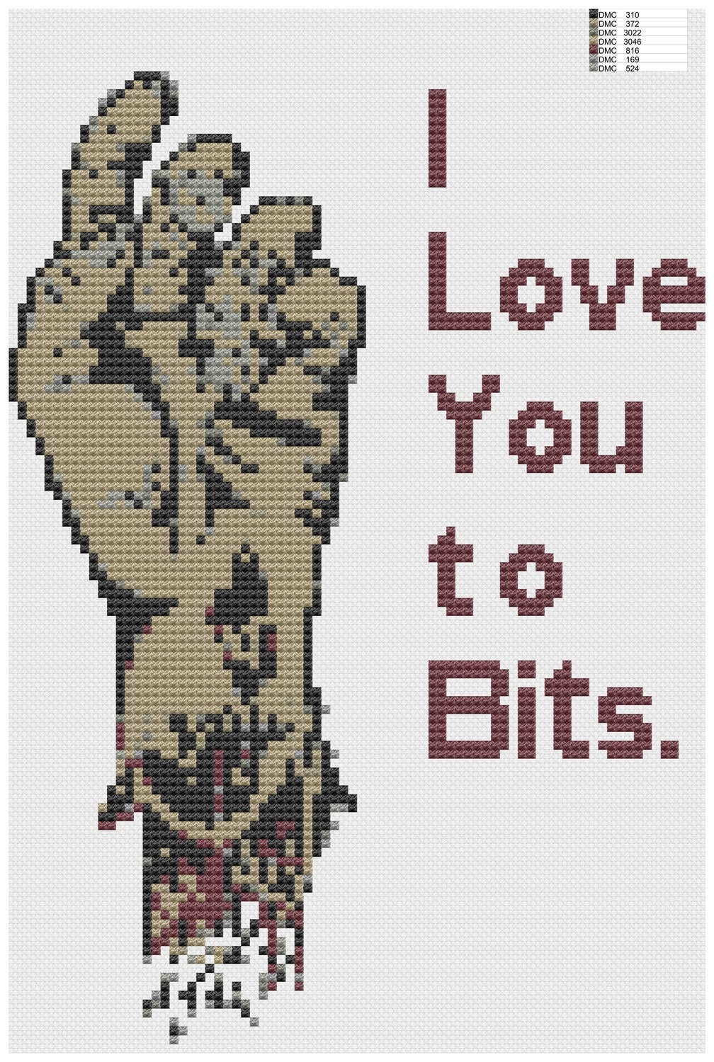 I Love You to Bits cross stitch pattern pdf zombie hand