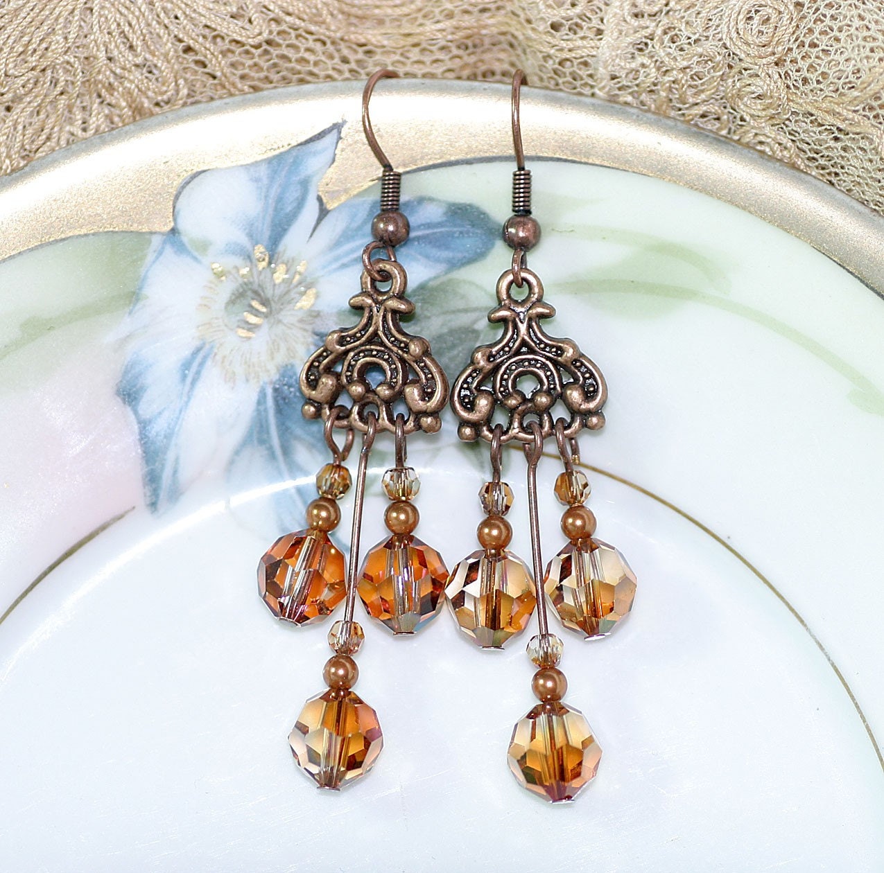 Copper Crystal Chandelier Earrings - bohemian long dangling shimmery