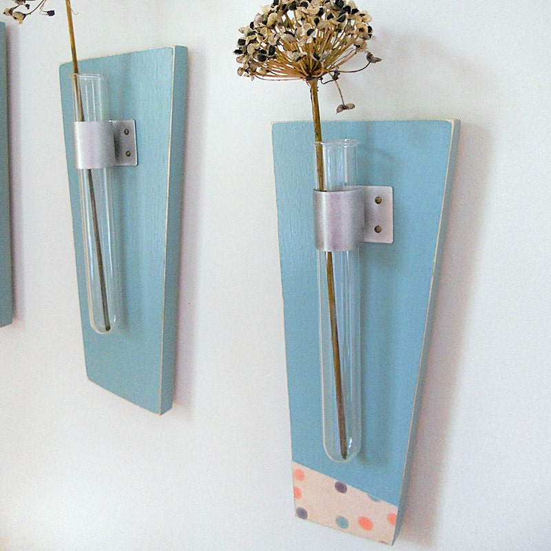 Vase l Flower Vase l Wall Vase l Test Tubes Vase SKY: modern wood wall mount retro teal blue polka dots