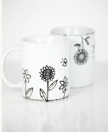 Hand Painted Ceramic Mugs White Porcelain Coffee Mugs Tea Mugs Black Minimalist Abstract Modern Flower Kitchen Decor - Set of 2 Ceramic Mugs