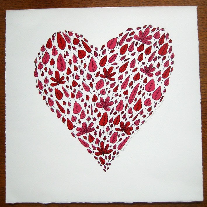 Heart shaped red and pink leafy screen print 'Love is in the Leaves' Ltd edition. Great wedding or Valentine's day gift. UK seller