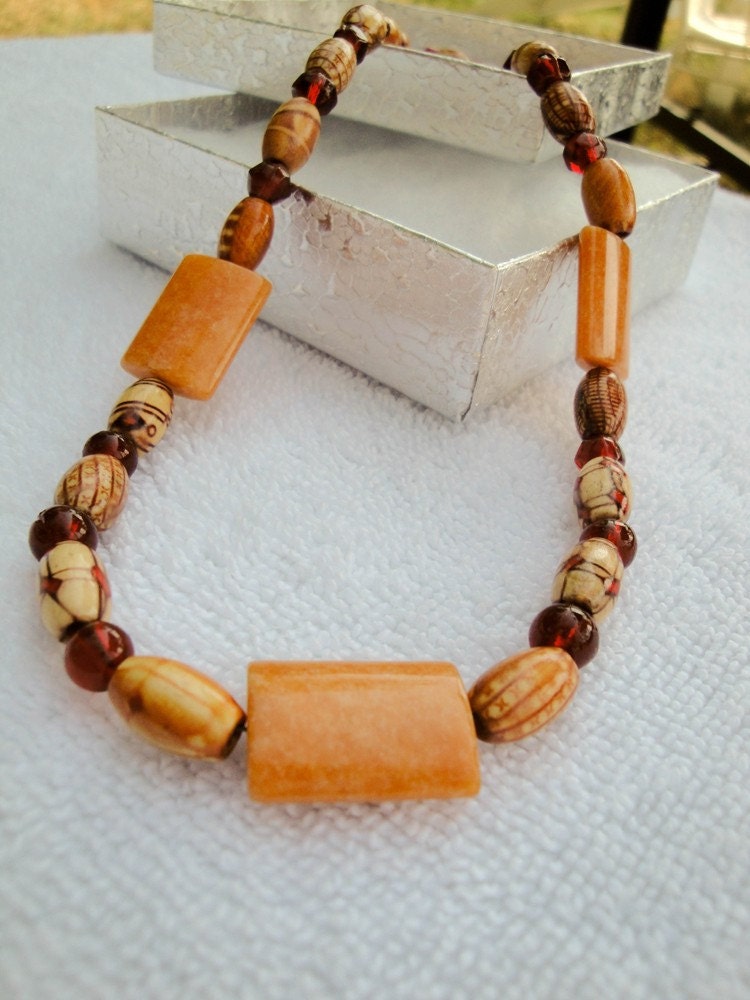 Art Wood Bead and Carnelian Necklace