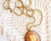 ON SALE Nana - Shabby Chic French Pink Cameo Pendant on Signed Monet Snake Chain