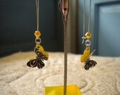 Paper Butterfly Earrings - Black & White with Yellow Crystals on Kidney Wires