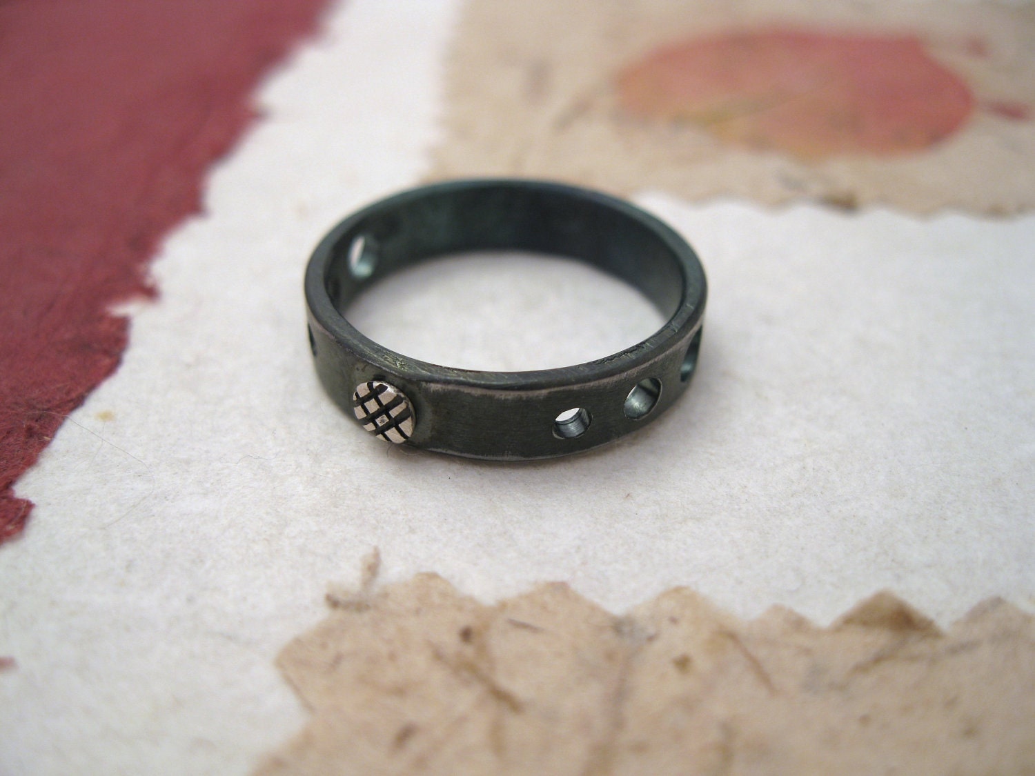 Sentinel - forged and oxidized black iron ring with solitary silver rivet - Italy Handmade