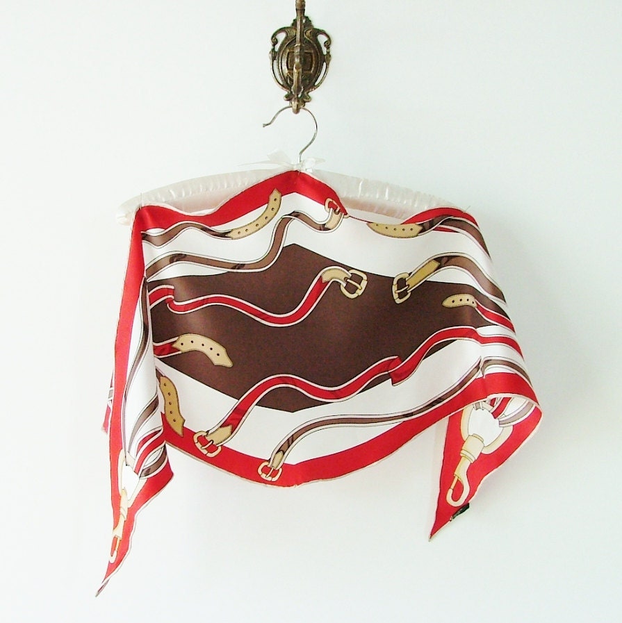 Vintage Equestrian Silk Scarf Asimetrical / hand rolled