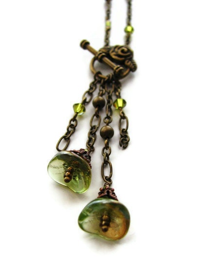 Green Czech Glass Flower and Brass Necklace with Swarovski Crystals and Front Closure - In The Meadow - heversonart