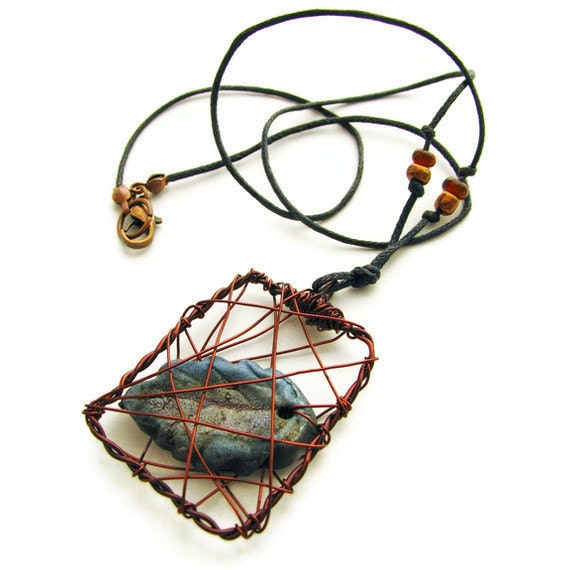 Raku Leaf Necklace Captive Bead Enameled Copper Wire Wrapped OOAK -  Winter's Frost II - heversonart