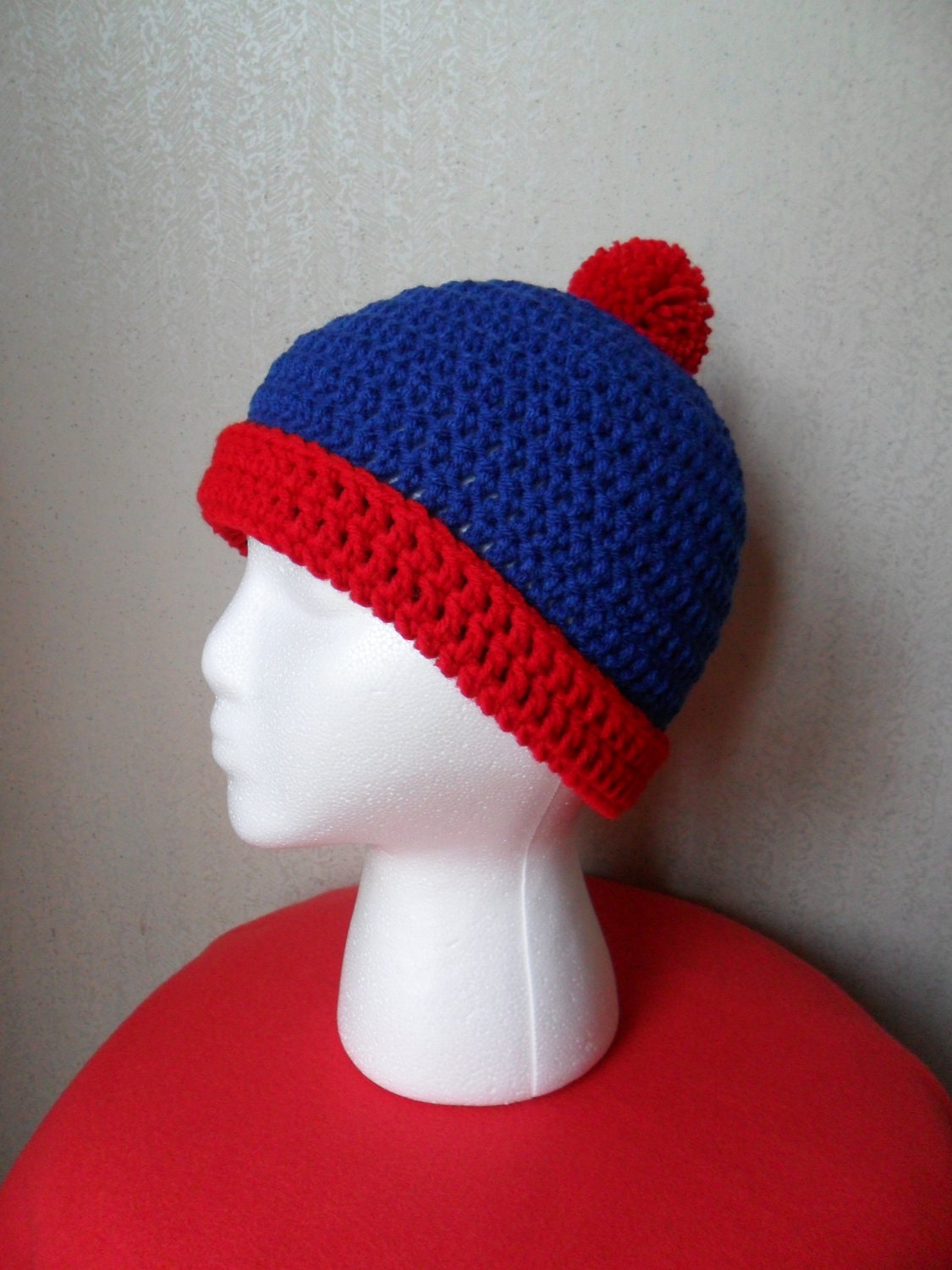 Stan Inspired Beanie from South Park - Blue and Red with Pom Pom - FREE US Shipping