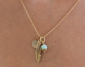 Feather necklace-14k gold filled and initial charm necklace