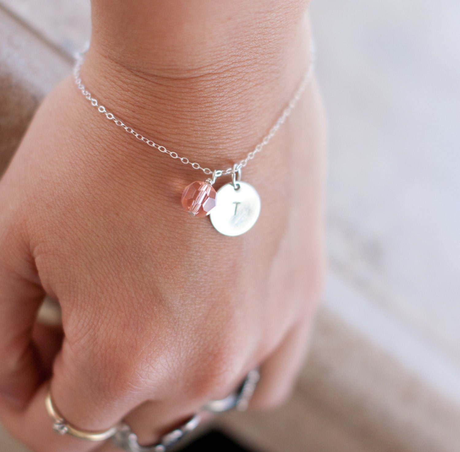 Initial charm bracelet-Sterling silver initial birthstone charm bracelet