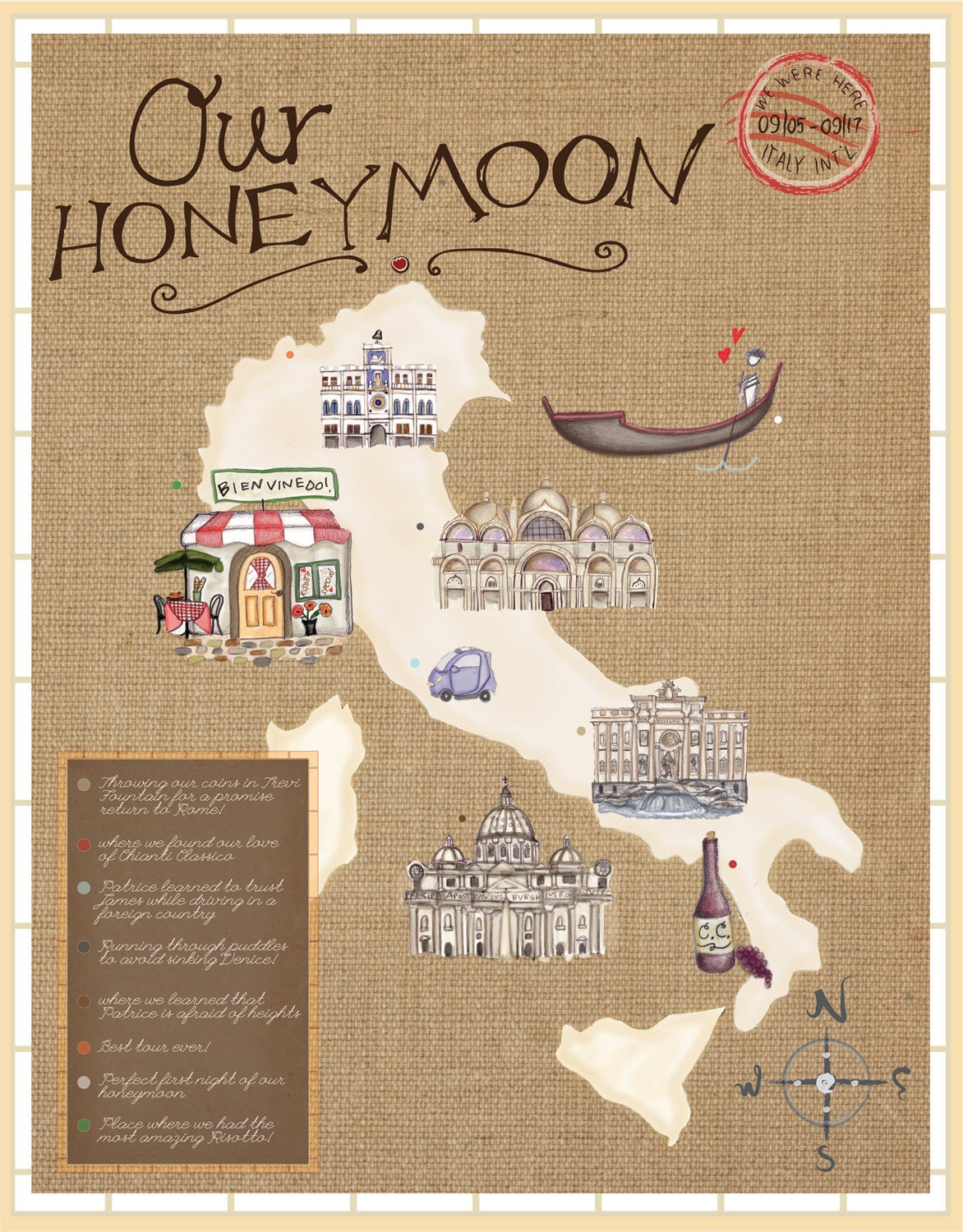 Custom Map of Your Vacation 11x14