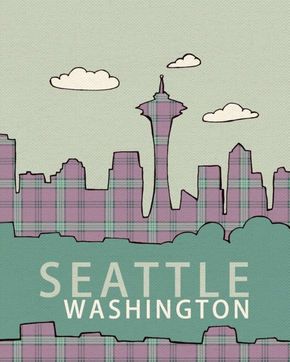 Chic Home Decor Wall Art Travel Poster - Seattle in Plaid Series No.1 - 8 x 10 City Skyline Illustration and Typography Art Print