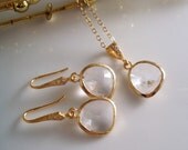Crystal Clear Glass Gold Trimmed Necklace and Earrings Set Bridesmaids Jewelry, Bridal Jewelry