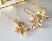 Gold Orchid Necklace and Earring Set, Bridal Bridesmaids Wedding Jewelry