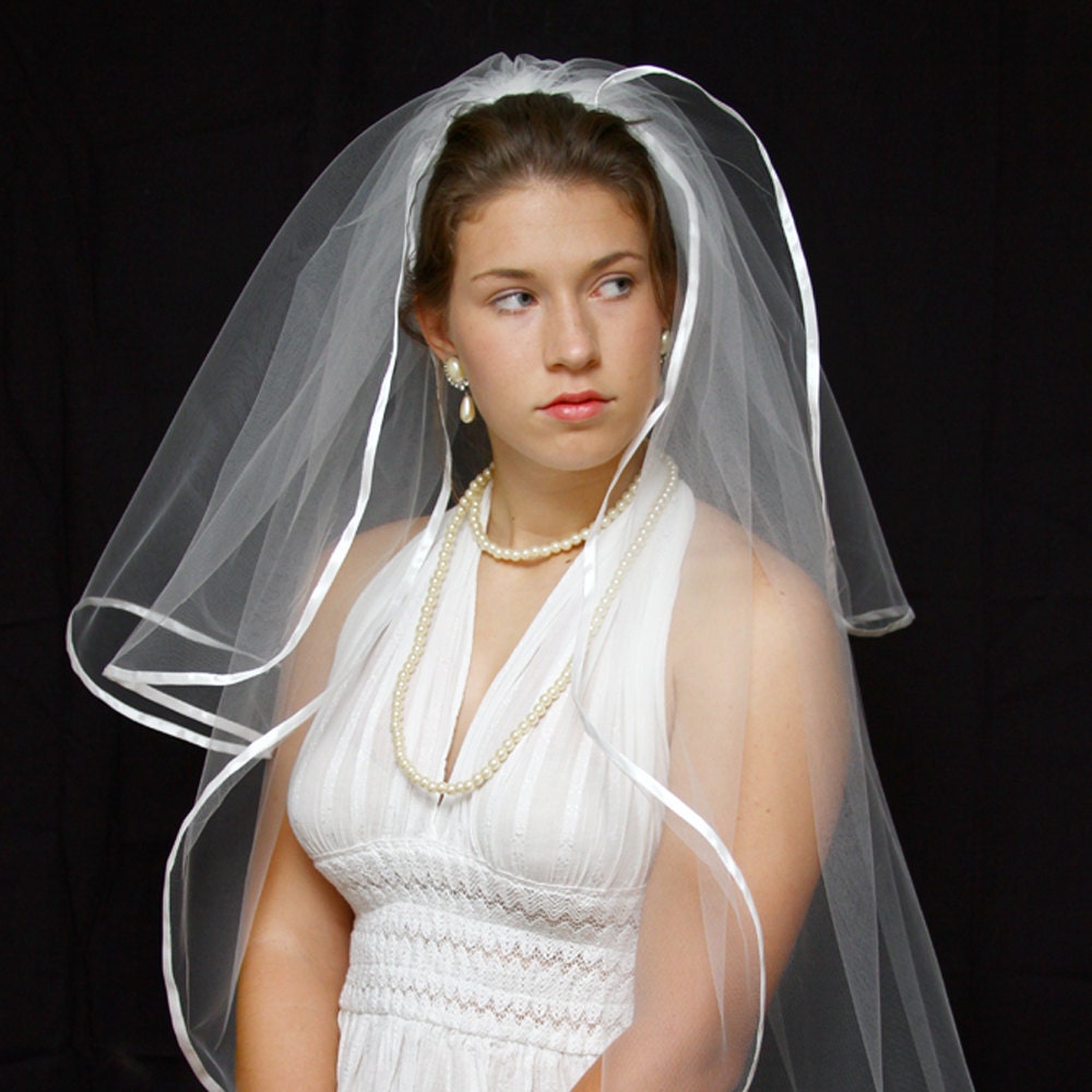 SALE- 36 in. wedding veil and blusher with ribbon trim- white