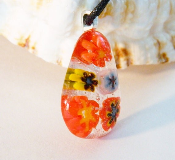 Fused Glass Flowers Millefiori Glass Pendant Necklace