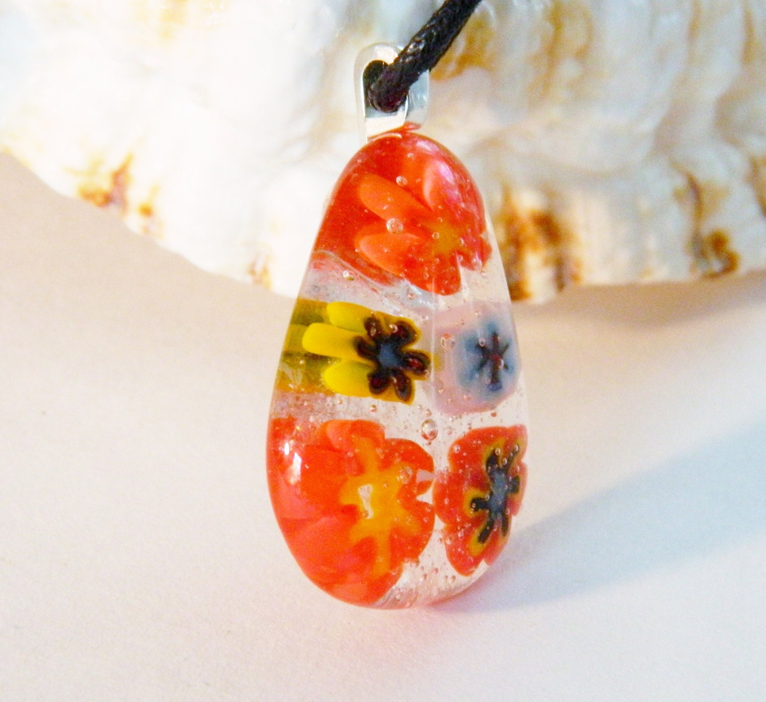 Fused Glass Flowers Millefiori Glass Pendant Necklace