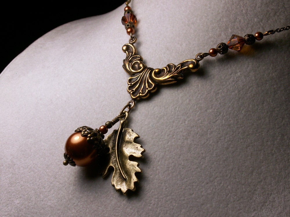 Gold Copper Brown Acorn Crystal Pearl Antiqued Bronze Dangle Drop Necklace Steampunk Jewelry Antique Vintage VictorianBridal Style - TitanicTemptations