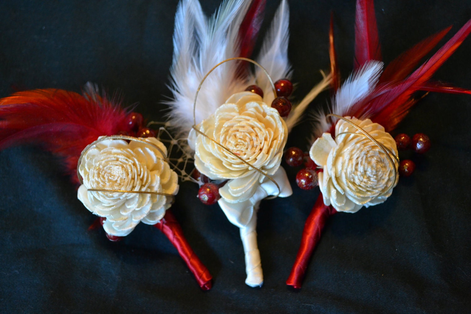 Fabric and Feather Balsa Wood Boutonnieres