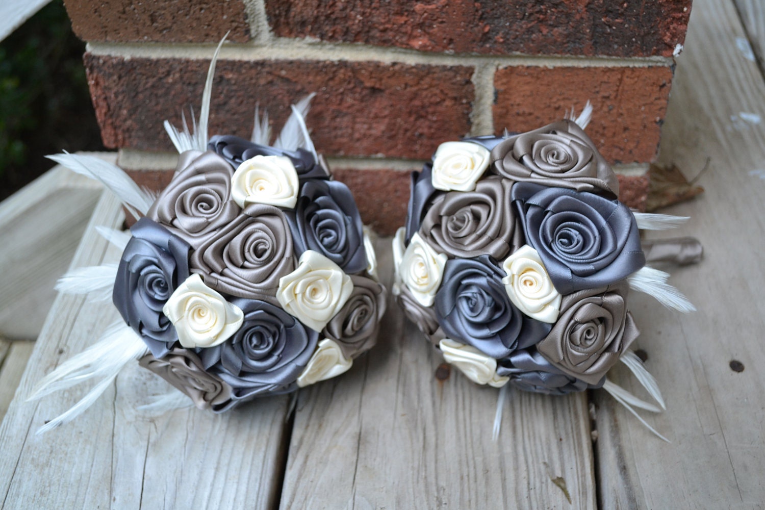 Bridal Bouquet Fabric and Feather Bouquet, Ivory, gray and Taupe