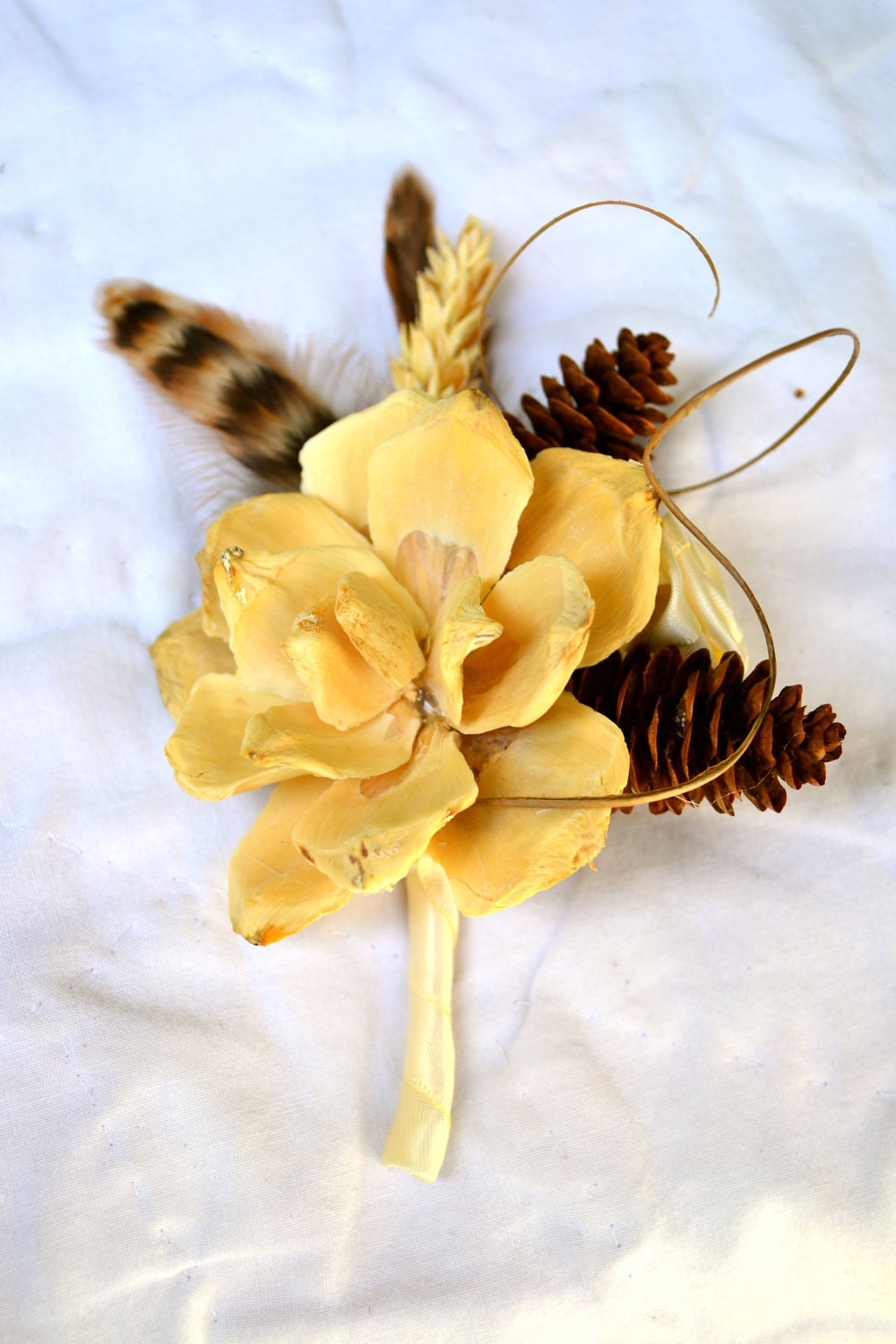 Rustic Natural Bridal Corsage with feathers and pinecones