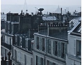 Paris rain - Montmartre rooftops, Eiffel Tower view, rainy Paris photography, blue home decor 8x10 Original Fine Art Photograph