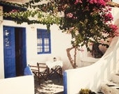 Mediterranean Decor - Santorini Greece Photography - Cafe Fine Art Print - Cobalt Blue Door - Pink - Vintage Inspired Travel Photograph