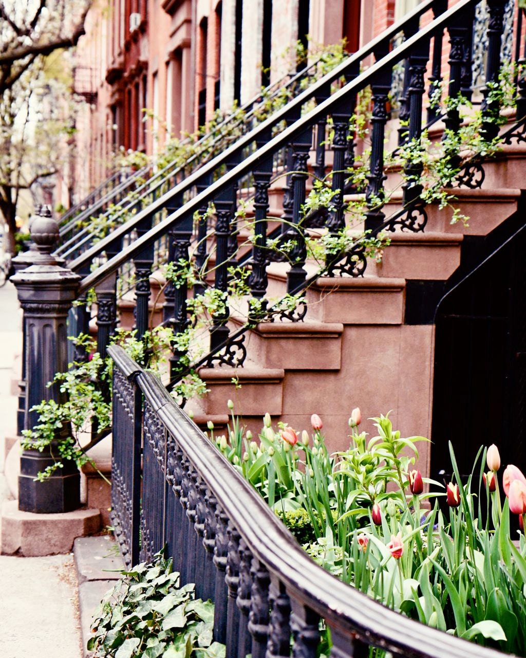 New York City Photography - Urban Home Decor - Stairs Photograph - Steps Tulips West Village Print - Cityscape - NYC Photo - Wall Art