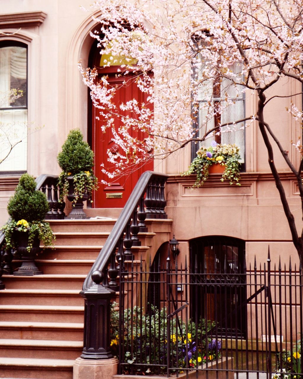 New York City Photograph - Spring in NYC - Urban Home Decor - Red Door Photo - Cherry Blossoms - Front Steps - Peach - Wall Art