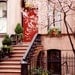 New York City Photograph - Spring in NYC - Urban Home Decor - Red Door Photo - Cherry Blossoms - Front Steps - Peach - Wall Art