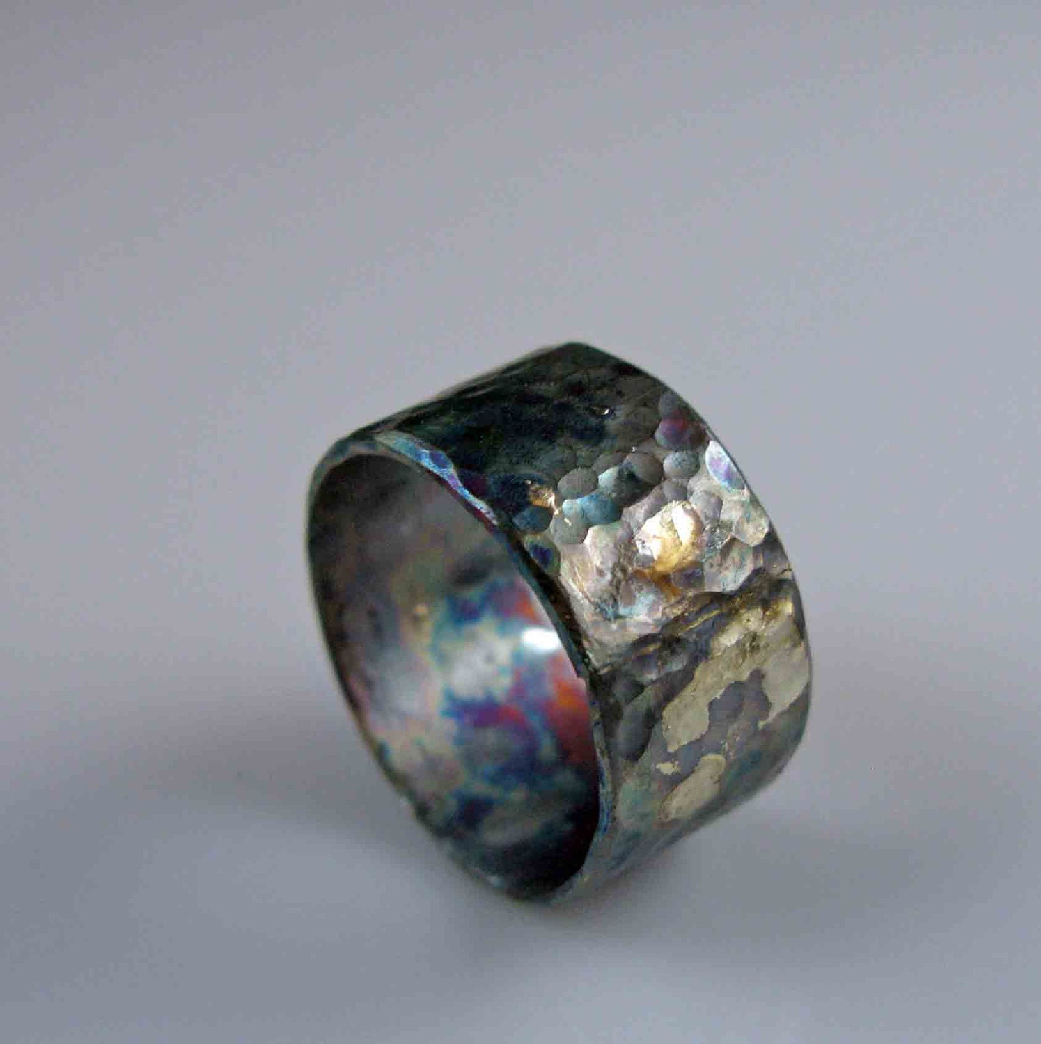 Hammered Mens Oxidized Wedding Band Ring 14K