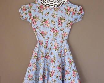 Marie Antoinette Vintage Powder Blue Tea Party Cotton Dress Romantic Petite Fleur Girly English Old World Porcelain Toile Garden Frock