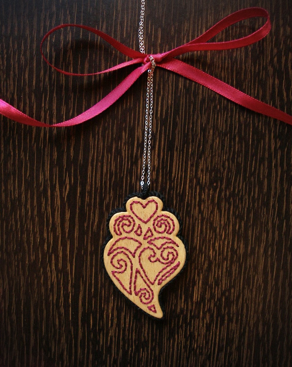 Wooden Embroidered Pendant - Heart Of Viana - Dark Purple - One of the kind piece