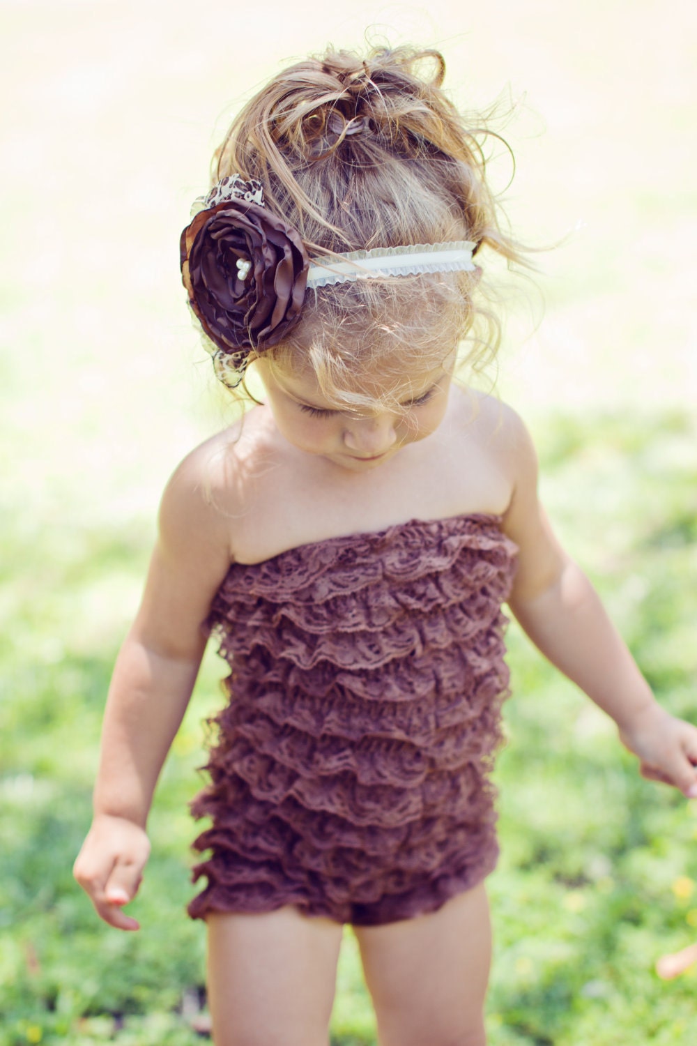 Baby Romper -  Brown ruffle lace petti romper with matching brown and leopard headband