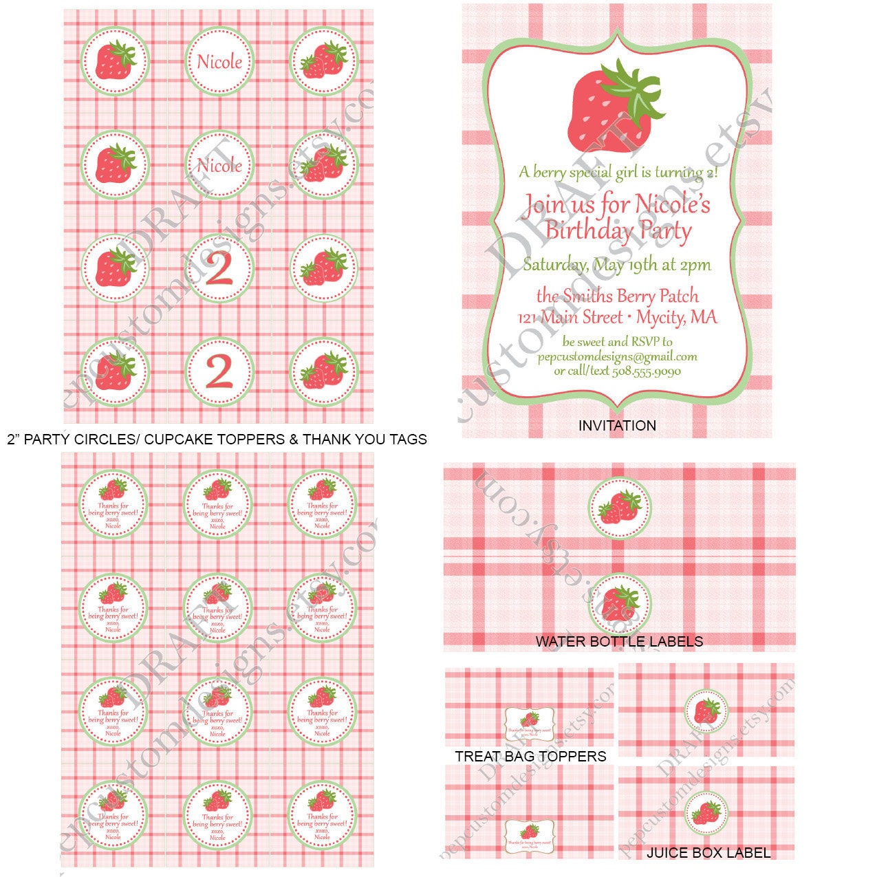 DIY -  Printable: Personalized Strawberry Birthday Party Set -  13 items (invitation, party circles, water bottle labels, banner and more)