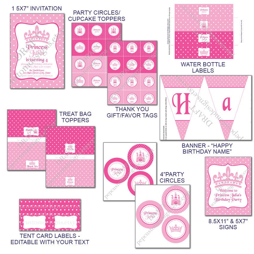 DIY -  Printable: Customized Princess Party Set - 12 items (invitation, party circles, banner, water bottle labels, etc.)