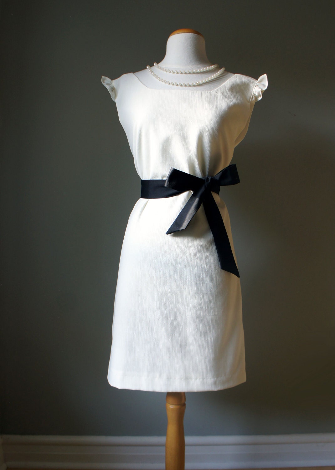 Classic Audrey Hepburn Pull Over Dress- Womans White Dress with Black Bow Belt - Elegant and Sophisticated Dress