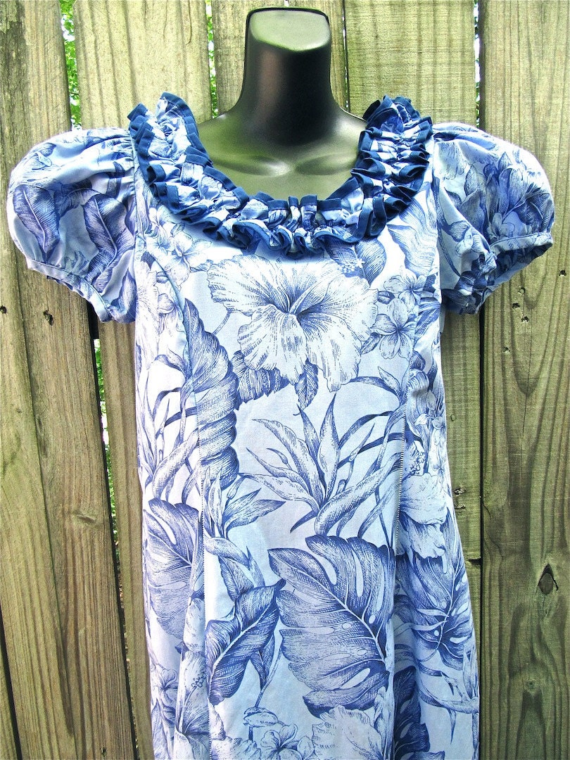 Blue Floral Print Dress Ruffle Trim Tropical Made in Hawaii CLEARANCE