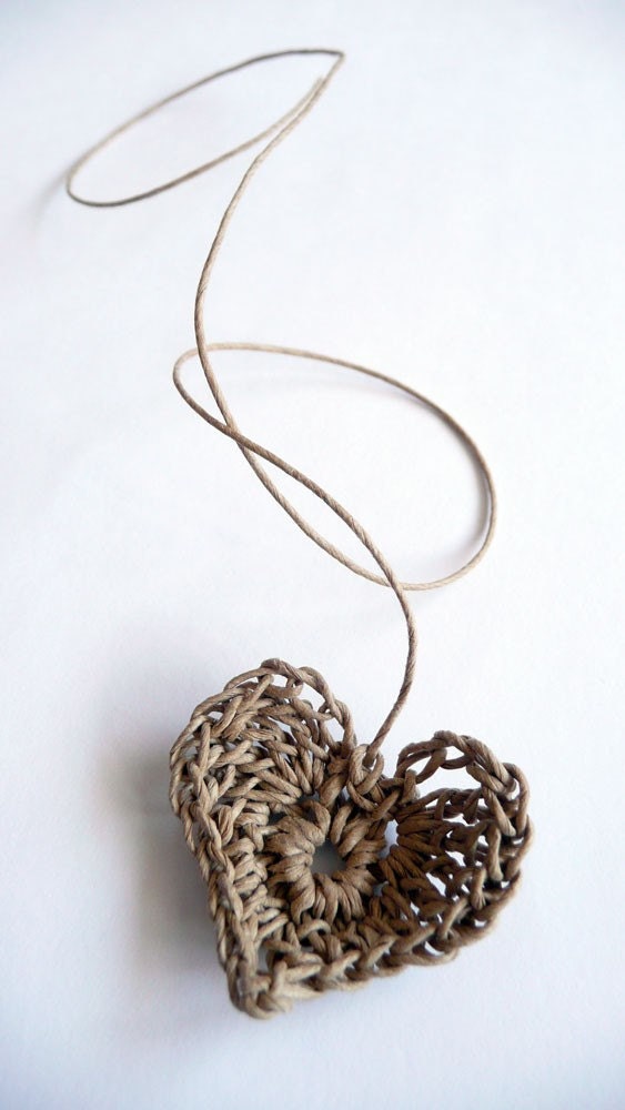 heart on a string - crocheted natural brown twine