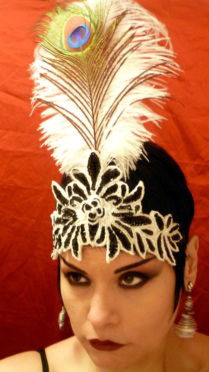 GREAT GATSBY Black n White Feathered Art Deco Flapper Headband