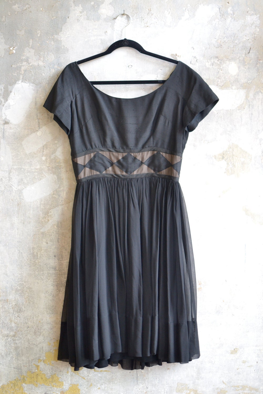 Vintage 1950s Black Silk Georgette Diamond Geometric Dress Sz Medium // Large